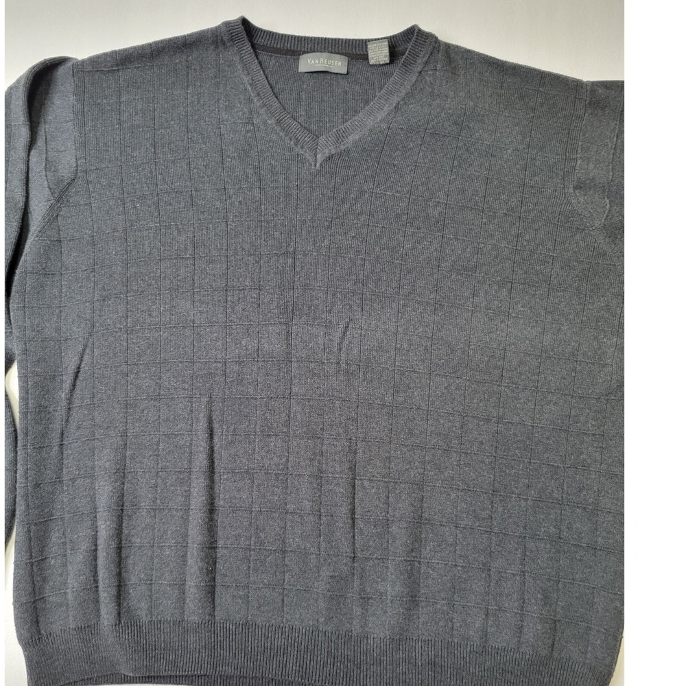 Van Heusen Mens XL Charcoal Gray V-Neck Sweater 100% Cotton Knit Pullover 1021